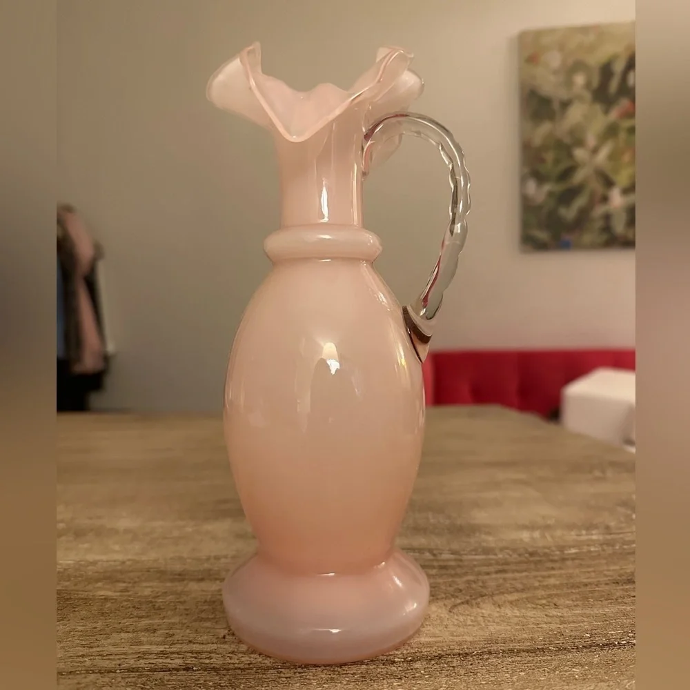 Rose Pink Ruffled Edge Pitcher Vase With Handle
